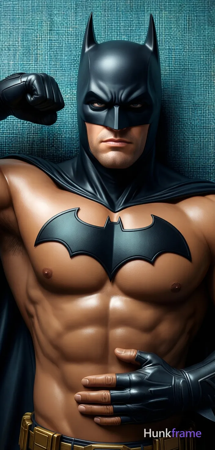 Polished 2.5D anime rendering of an adult man reclining on back, left arm flexed with fist near shoulder and right hand across lower abdomen. He wears a black Batman cowl covering head and neck with bare chest displaying the logo emblem. Medium-brown skin has plastic-like finish under soft directional lighting from left highlighting muscular definition. Vertical portrait close-up centered slightly to right against blue-green woven fabric background., a single uninterrupted photograph only, no written words or typography anywhere in frame, no captions, no app UI, no social-media post layout, no screenshot borders