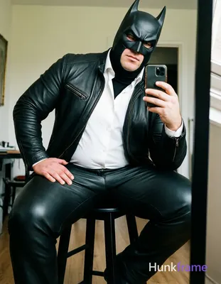 Adult man with thick thighs and broad shoulders seated on a black stool, torso leaning forward in co