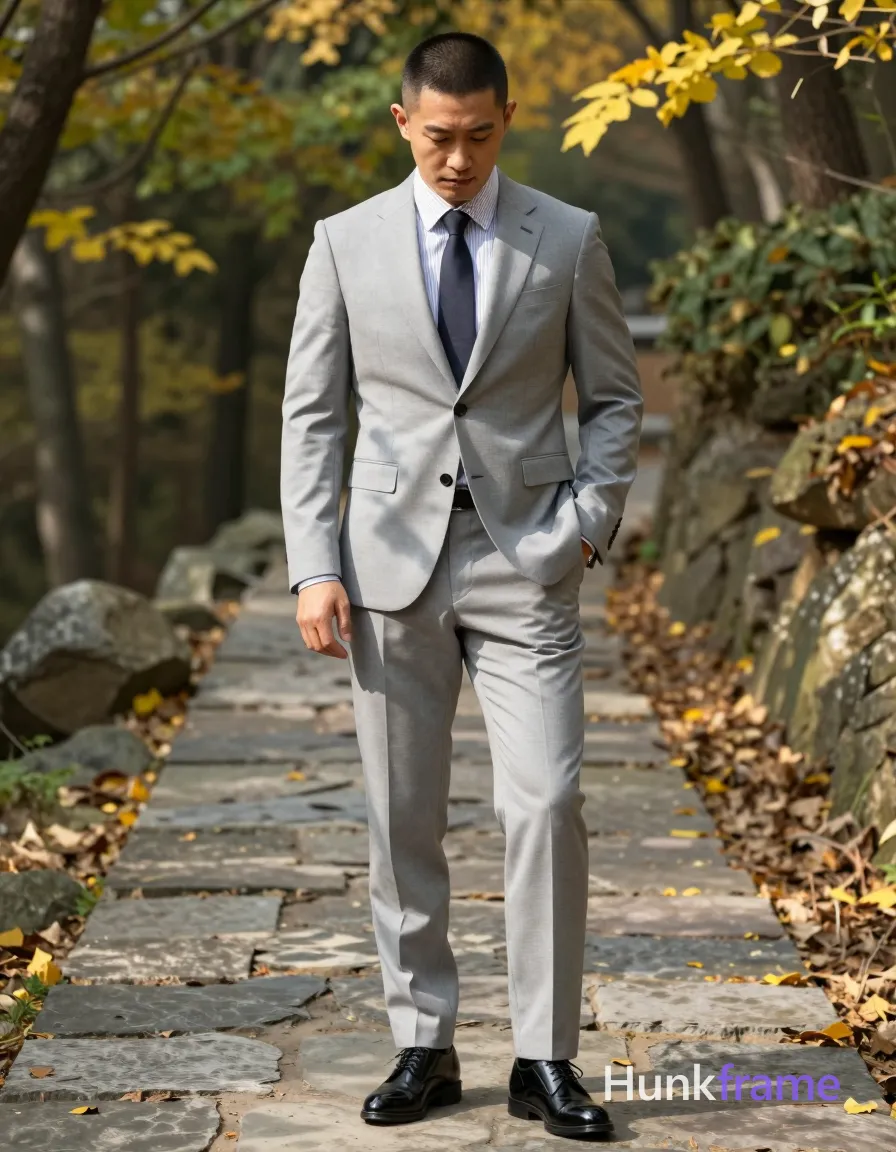 Photograph of exactly 1 adult man. Man 1: Asian, medium-light, oval with strong jawline, short black buzz cut, textured top, clean sides and back, clean-shaven smooth skin. Man 1 has fully exposed eyes, eyebrows, temples and nose bridge. Broad shoulders, thick thighs define the handsome Asian man's sculpted masculine build. He stands upright on a stone path with left hand in suit pocket, head tilted down. Light gray tailored two-piece suit, white striped collar shirt, dark solid tie, black patent oxford shoes. Full-body vertical shot centered vertically horizontally occupying middle third of composition framing subject. Outdoor wooded trail with autumn foliage green yellow leaves scattered dry leaves on rocky terrain background. Natural daylight filters through canopy creating dappled shadows across suit and face highlighting left side. Fine-art photography aesthetic editorial fashion tone sculpted lighting cinematic depth of field blurring trees