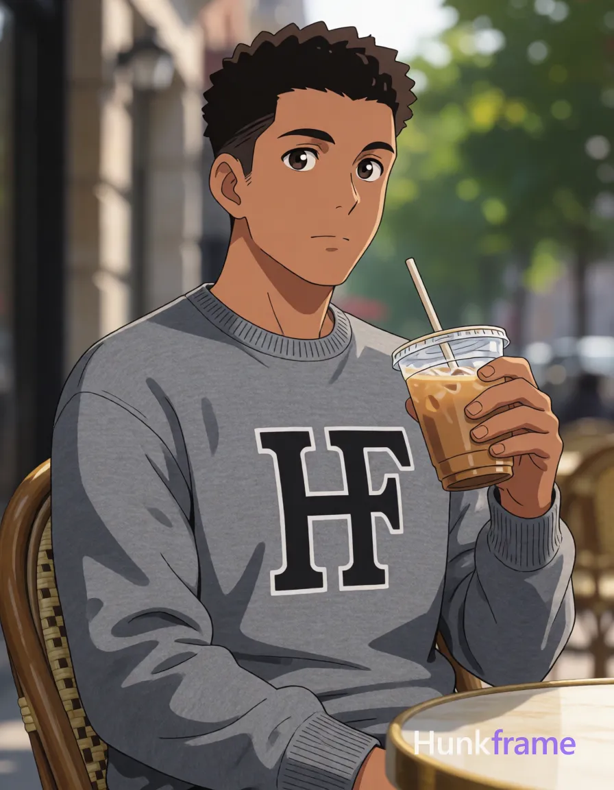 an anonymous figure man with light to medium tan skin and short textured dark brown hair, clean-shaven jawline with faint upper lip stubble; Seated upright in wicker chair at outdoor café table holding clear plastic iced coffee cup with straw in left hand; right arm obscured by sleeve wearing grey crewneck sweater with 'HF' logo on chest; Waist-up portrait shot rendered as polished anime style, expressive calm contemplative gaze slightly tilted right, soft natural lighting and shallow depth of field against blurred urban foliage background; FULL GARMENT TEXT REPLACEMENT: remove every source garment word, sentence, slogan, logo, and partial brand spelling from every existing print area, then replace those source marks with only the wordmark, spelled exactly "HF"; This is replacement, Repeated "HF" marks are allowed only where the source garment already had printed text; preserve appropriate placement, typography, color, and scale, logo, caption, username, hashtag, comment, watermark, or UI chrome; single clean uninterrupted artwork with a cohesive composition and plain continuous surrounding surfaces