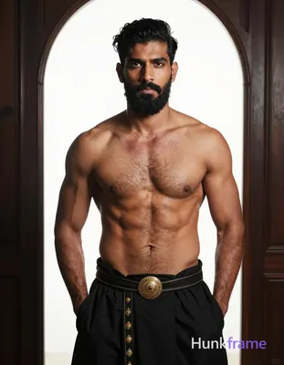 A handsome medium-brown adult man stands frontal with hands in pockets, wearing a black draped lower