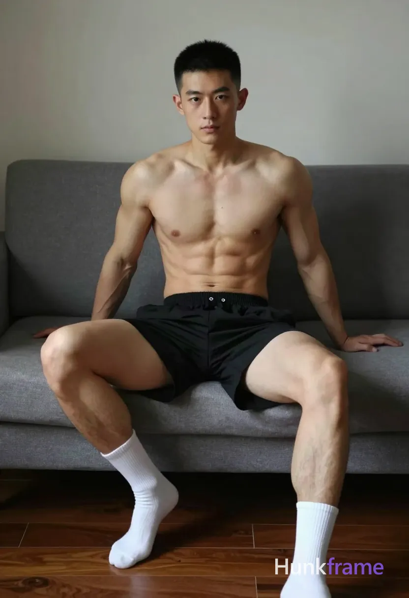 Asian man with short black buzz cut and clean-shaven face, shirtless bare chest showing defined abs and thick thighs. Seated on grey sofa edge in wide squat stance: left leg bent foot flat wearing white crew sock; right leg extended forward knee straight foot partially out of frame also wearing white sock. Pulling up black loose-fitting athletic shorts with elastic waistband at hip level, visible white brand tag inside. Indoor living room dark wood floor soft directional light from left creating subtle shadows on right torso. Fine-art photography aesthetic sculpted lighting full body centered shot mid-thigh to head masculine focused mood., same aesthetic theme and photo feel as the reference but a different man in a different pose with distinct body proportions, Chinese man, light tan skin, high cheekbones, lean wiry martial-arts physique, a single uninterrupted photograph only, no written words or typography anywhere in frame, no captions, no app UI, no social-media post layout, no screenshot borders