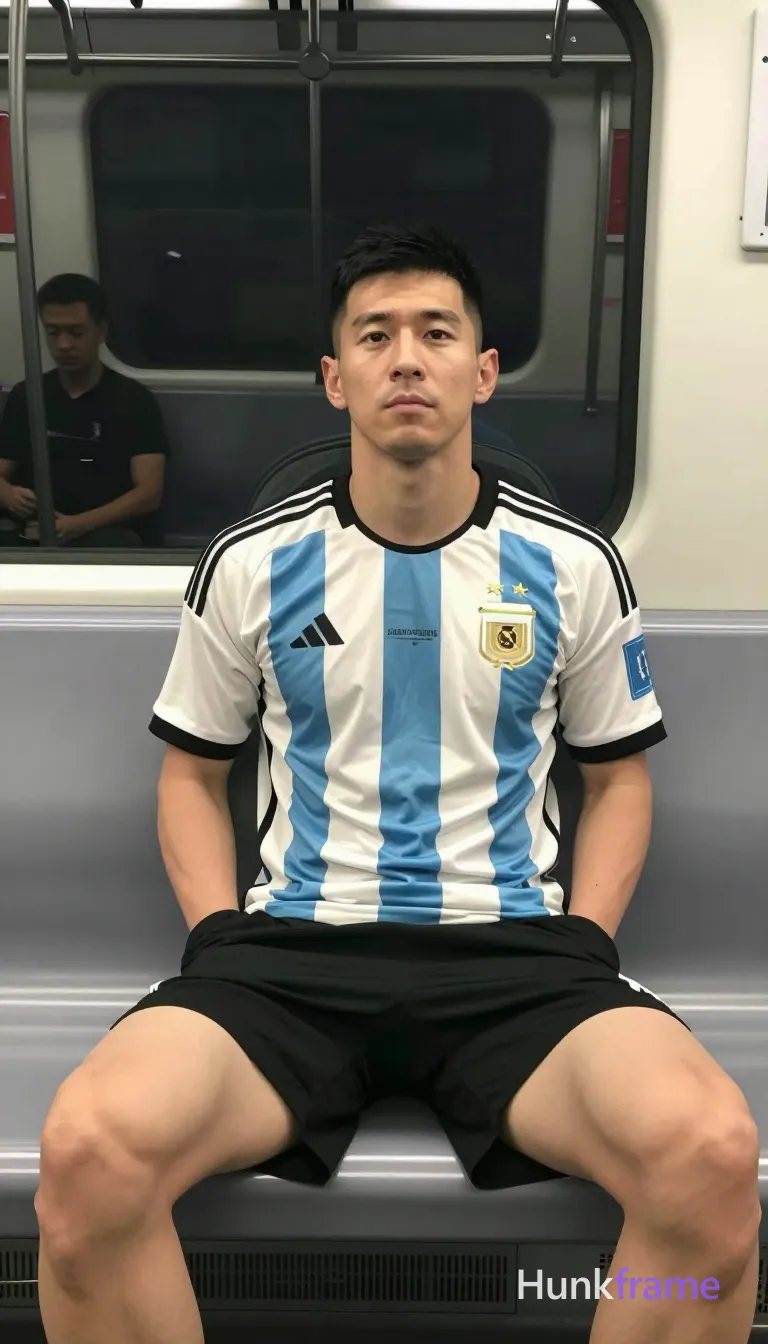 An Asian man with short dark hair sits upright on a subway seat, torso relaxed and hands in lap. He wears an open Argentina national team jersey revealing defined abs and visible pectorals over bare chest skin, paired with black athletic shorts showing thick thighs. The waist-up portrait captures him center-right against metallic handrails and window reflections of another passenger behind. Ambient indoor lighting casts a soft focus on his light-medium skin tone in muted whites, blues, and grays., a single uninterrupted photograph only, no written words or typography anywhere in frame, no captions, no app UI, no social-media post layout, no screenshot borders