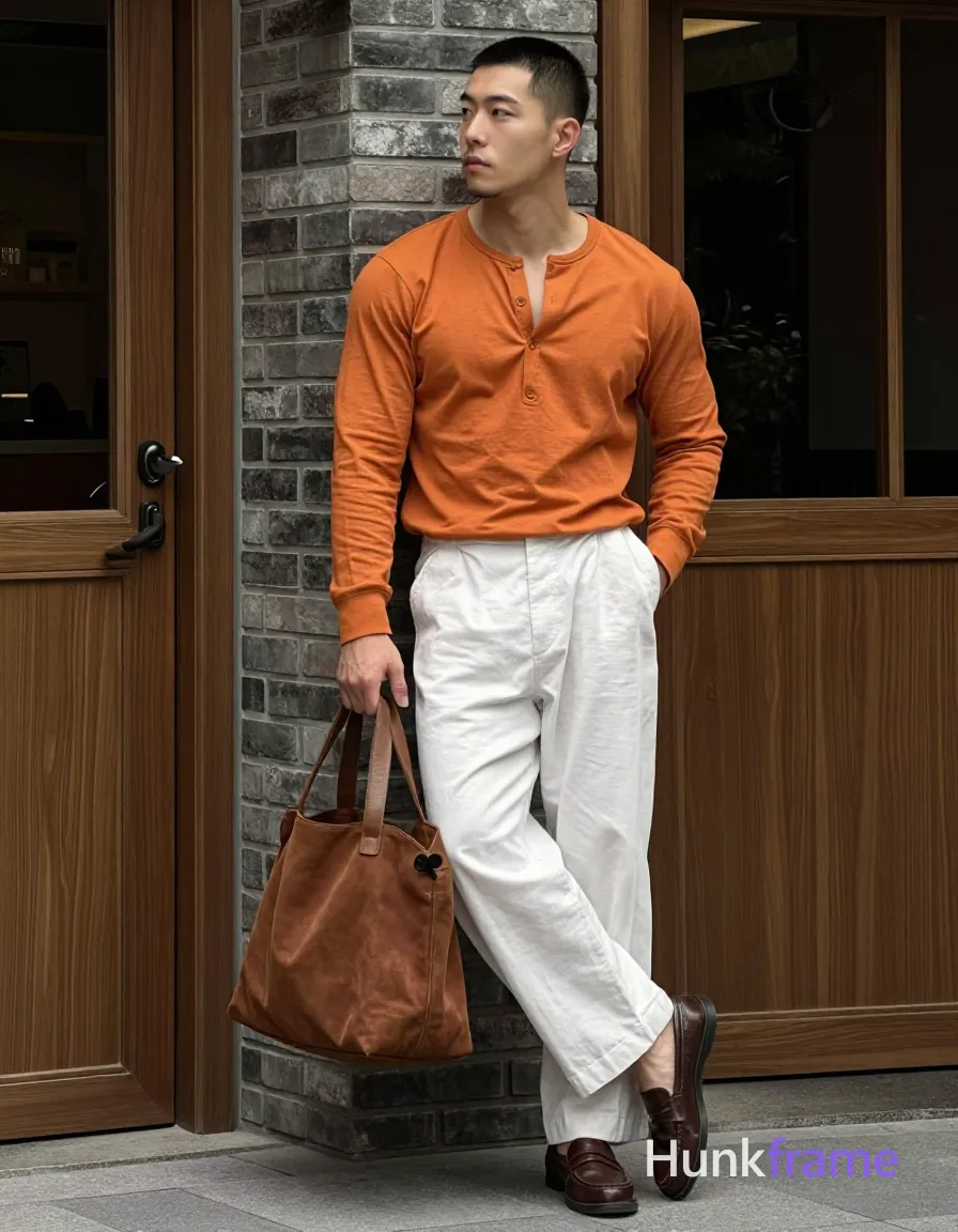 Asian man with short buzz cut and minor chin stubble stands in relaxed contrapposto, weight on right leg, left knee lifted; He wears a long-sleeve burnt orange henley buttoned to mid-chest over wide-leg white cotton trousers and brown leather loafers; His right hand grips the handle of a brown suede tote bag at hip level while his left hand is inserted into the front trouser pocket; Neutral expression with focused gaze directed leftward off-camera, leaning against a dark brick corner between two wooden doors in an outdoor entryway; sculpted natural daylight emphasizing fabric drape and musculature, shot on iPhone 15 Pro main camera, authentic smartphone computational photography, natural Smart HDR, vertical 9:16 Xiaohongshu lifestyle post, bright clean gym or cafe scene, wardrobe matching reference outfit, confident everyday blogger pose, phone photo with natural grain; single clean uninterrupted photograph with a cohesive editorial composition and plain continuous surrounding surfaces