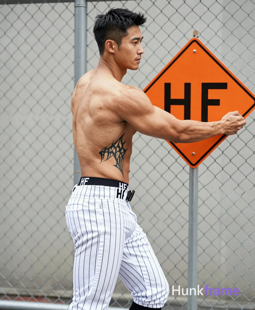 Asian man with short black hair, clean-shaven face, and light tan skin stands in profile facing right against an outdoor urban chain-link fence; He is shirtless displaying broad shoulders, defined pectorals, visible abdominal muscles, thick thighs, and a large black Gothic-style tattoo on the left ribcage; His white pinstriped baseball pants are pulled down to mid-thigh on the left side revealing his hip, while a black HF-branded underwear waistband is visible above; He holds an orange diamond-shaped construction sign with both hands extended against the fence, torso angled forward as if posing for camera; Natural daylight creates high-contrast fine-art photography with sculptural lighting emphasizing musculature and soft shadows in this vertical portrait composition; FULL GARMENT TEXT REPLACEMENT: remove every source garment word, sentence, slogan, logo, and partial brand spelling from every existing print area, then replace those source marks with only the wordmark, spelled exactly "HF"; This is replacement, Repeated "HF" marks are allowed only where the source garment already had printed text; preserve appropriate placement; single clean uninterrupted photograph with a cohesive editorial composition and plain continuous surrounding surfaces
