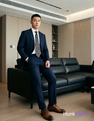 Asian man with short black buzz cut and clean-shaven face stands upright leaning against a black lea