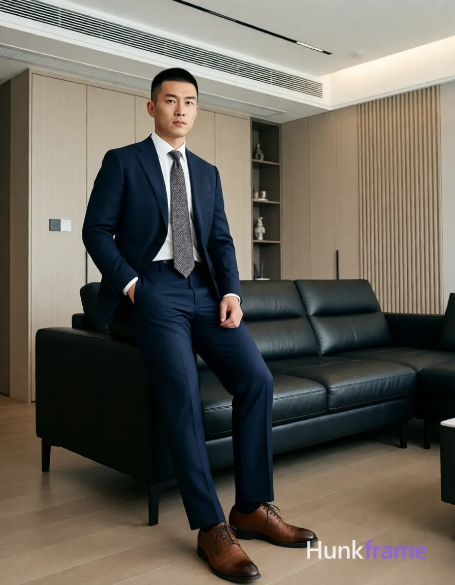 Asian man with short black buzz cut and clean-shaven face stands upright leaning against a black leather sofa, left hand in pants pocket right arm loose; He wears dark navy single-breasted suit jacket over white dress shirt with patterned necktie extending to waistline, matching trousers ending above ankle bone, brown lace-up oxford shoes showing slight wear on toe caps; Full-body shot head-to-toe centered vertically and horizontally occupying majority of vertical space from floor to ceiling line in modern living room featuring light wood flooring beige vertical-paneled walls built-in cabinetry with recessed shelving unit containing small decorative items black leather sectional sofa behind subject white ceiling with linear air vent and recessed lighting fixtures; Soft ambient indoor illumination creates even exposure across face and suit fabric without harsh shadows clean lines minimalist interior design aesthetic polished mood fine-art photography dramatic lighting sculpted pose homoerotic aesthetic premium fashion-editorial style handsome masculine man an anonymous figure fitness influencer candid iPhone rear-camera snapshot energy real lifestyle scene vertical social-feed look; single clean uninterrupted photograph with a cohesive editorial composition and plain continuous surrounding surfaces