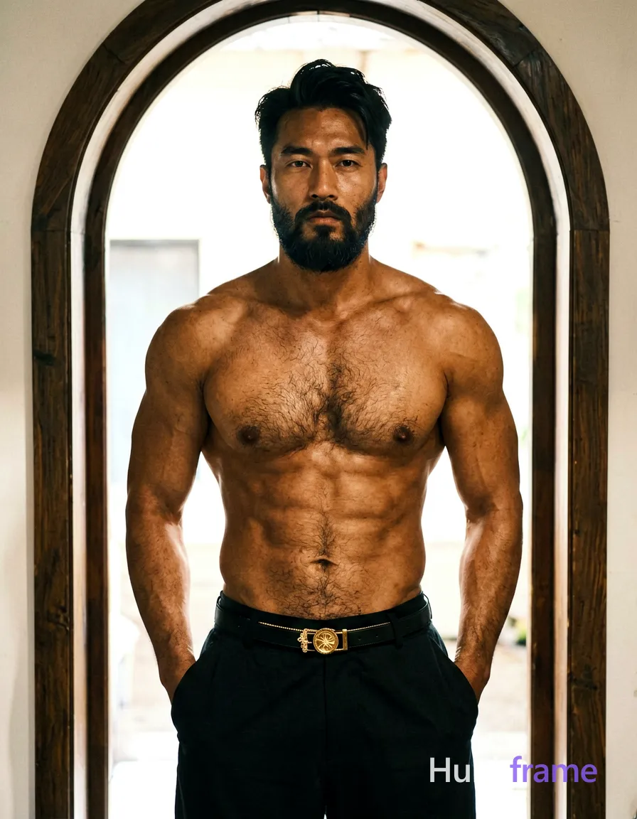 A handsome medium-brown adult man stands frontal with hands in pockets, wearing a black draped lower garment and belt ornament. His dark-black hair is styled back with side-swept bangs, framing full dark beard and mustache while he offers a direct gaze with neutral lips. Shirtless torso reveals muscular chest, defined abdominal muscles, and visible body hair on the skin. Full-body vertical crop from chest to thighs centers him against an arched dark wood frame with bright backlighting creating strong key light from behind above. High-detail portrait photography style emphasizes musculature in dramatic lighting using a black, gold, and skin-tone palette., shot on iPhone 15 Pro main camera, authentic smartphone computational photography, natural Smart HDR and true-to-life skin texture, vertical 9:16 Xiaohongshu lifestyle feed, bright clean everyday scene, unretouched phone photo with subtle sensor grain, trendy Chinese internet 网红 aesthetic, candid influencer energy