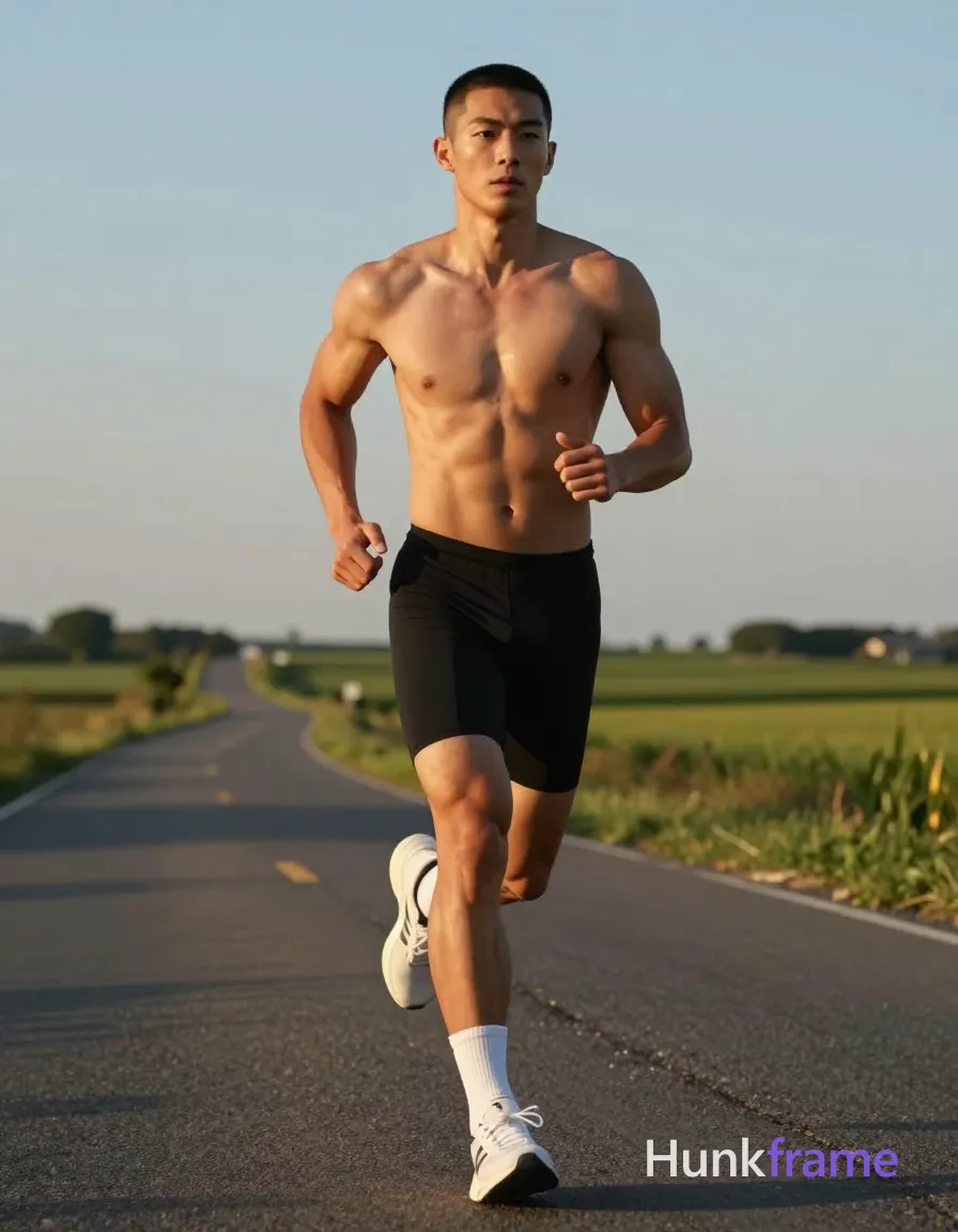 A shirtless adult man with tanned skin and a short buzz cut runs along a paved rural road, captured in mid-stride with his right leg extended back and left driving forward; He wears black compression shorts covering hips to mid-thighs, white crew socks pulled above ankles, and white athletic running shoes; His physique features broad shoulders, defined pectorals, six-pack abs, thick thighs, and lean calves under golden hour sunlight from the left casting warm highlights on his bare chest, abdomen, back, and arms; The background shows green fields under a clear sky with soft shadows indicating low-angle sun; Fine-art photography aesthetic with high-contrast lighting emphasizing muscle definition in a full-body vertical composition centered against the natural backdrop, same aesthetic theme and photo feel as the reference but a different man in a different pose with distinct body proportions, lean Korean man, sharp jaw, monolid eyes, slim swimmer build, natural black hair; single clean uninterrupted photograph with a cohesive editorial composition and plain continuous surrounding surfaces