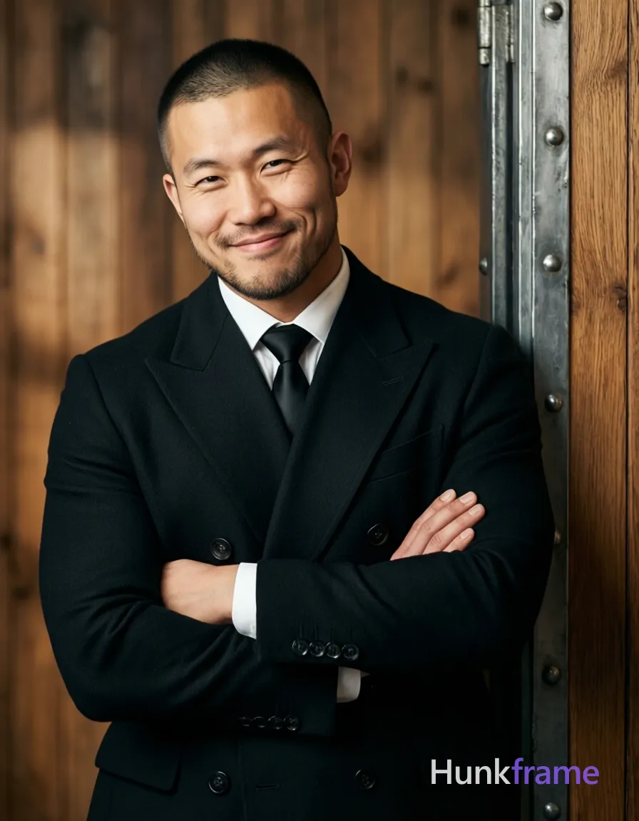 Asian man with buzz cut and light stubble stands upright in a black double-breasted wool-blend suit jacket, arms crossed over chest confidently. White dress shirt collar visible beneath peak lapels, solid black silk tie knotted at neck base. Broad shoulders show defined pectoral muscles through fabric, toned abdominal definition visible. Gentle closed-mouth smile with crinkled eyes faces camera directly, head tilted slightly right. Indoor studio setting features wood-paneled walls and metallic riveted door frame to the right. Soft directional key light illuminates left side of face creating subtle shadows on right cheekbone. High-resolution digital capture with shallow depth of field blurring background elements behind shoulders. Color grading emphasizes warm wood tones against cool black suit for visual tension between organic and manufactured textures., a single uninterrupted photograph only, no written words or typography anywhere in frame, no captions, no app UI, no social-media post layout, no screenshot borders
