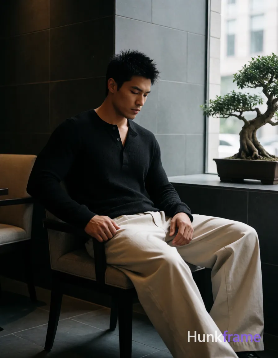 an anonymous figure man with medium tan skin and short spiky black hair, clean-shaven chin with faint upper lip stubble; Seated sideways on an upholstered chair in a minimalist urban-chic lounge near a window overlooking bonsai trees; Wearing a textured black long-sleeve Henley shirt open at the placket revealing sculpted upper chest, paired with loose light beige wide-leg trousers; Full-body shot from mid-thigh up to head angled slightly downward; Soft natural daylight highlights broad shoulders and defined biceps against dark tiled walls; Fine-art photography aesthetic emphasizing dramatic yet soft lighting on a contemplative masculine form; single clean uninterrupted photograph with a cohesive editorial composition and plain continuous surrounding surfaces