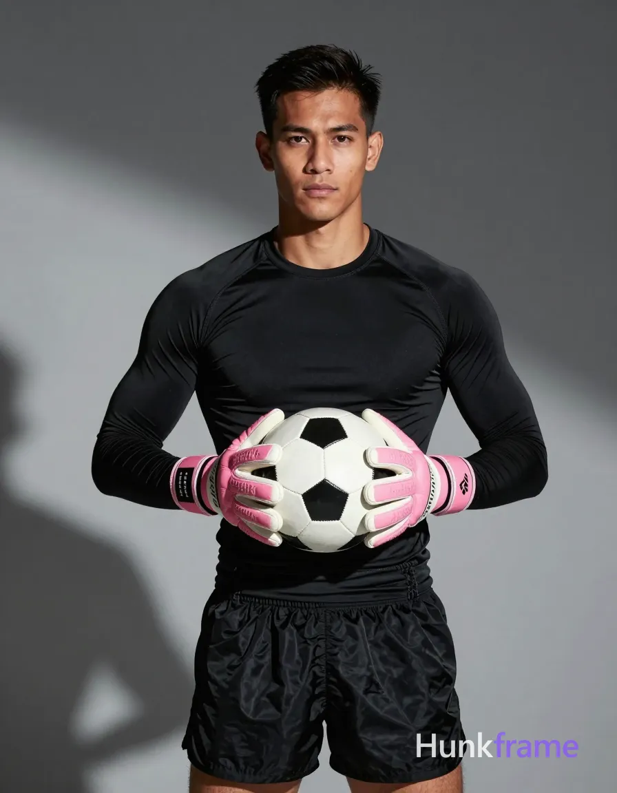 A handsome medium-dark skinned man with short dark hair styled back and clean-shaven face looks seriously at the camera in a vertical social-feed composition. He stands front-facing, torso upright in a black long-sleeve athletic compression shirt fully covering his broad shoulders and defined arms, paired with black athletic shorts showing a visible waistband. His hands hold a black-and-white soccer ball at chest level with elbows slightly bent while wearing pink goalkeeper gloves against a trendy gym wall background featuring geometric light patterns. The lighting is dramatic directional from front-left creating strong shadows on the right side of his face and torso for high contrast sculpted musculature in this fine-art photography aesthetic waist-up portrait framing., same aesthetic theme and photo feel as the reference but a different man in a different pose with distinct body proportions, Thai man, smooth tan skin, gentle eyes, slim toned Muay Thai physique, a single uninterrupted photograph only, no written words or typography anywhere in frame, no captions, no app UI, no social-media post layout, no screenshot borders