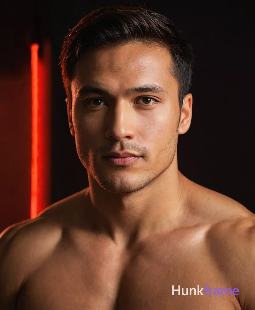 A close-up portrait of a handsome masculine man with a shirtless bare chest, head slightly tilted forward. Bright lighting and vibrant color palette featuring reds, yellows, and greens on his face against a dark background. The image is sharp and detailed, emphasizing the artistic and expressive mood. 4:5 aspect ratio, vertical portrait orientation, no additional clothing or accessories visible