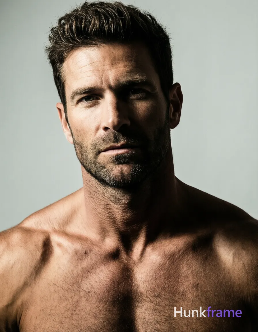 A handsome adult man with light to medium skin, dark brown short textured hair styled upward, and short stubble on his jawline. He is shirtless, exposing broad shoulders, defined collarbones, visible pectoral muscles, chest, neck, and collarbones in a head-and-shoulders close-up facing forward with a slight head tilt against a plain light gray studio background. Dramatic directional lighting from upper left casts high contrast shadows on his face and neck within fine-art photography style. The image features the wordmark 'hunkframe' visible as text. Intense, masculine, sophisticated mood. Include exactly one visible wordmark, spelled exactly "hunkframe", in the same compositional text position; preserve its appropriate typography and scale. No other visible text, logo, caption, username, hashtag, comment, watermark, or UI chrome., a single uninterrupted photograph only, no written words or typography anywhere in frame, no captions, no app UI, no social-media post layout, no screenshot borders