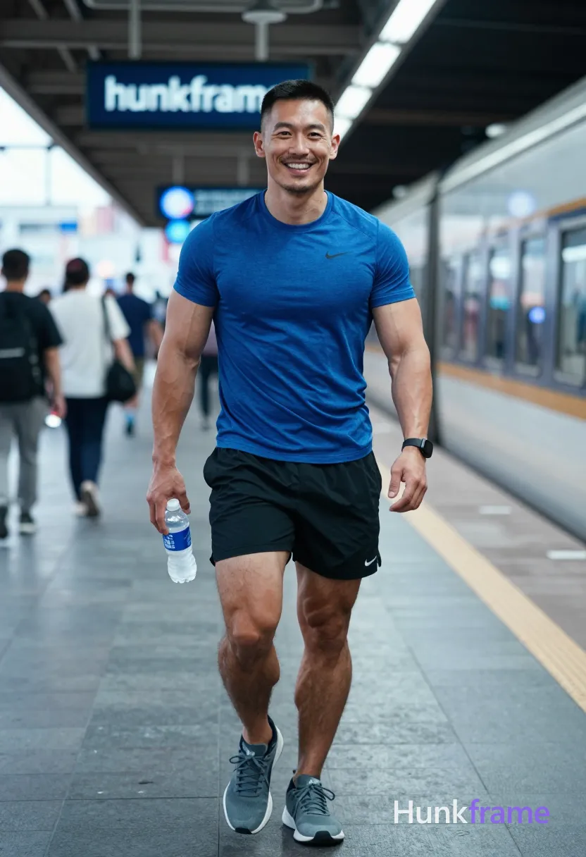 Asian man with short dark buzz cut and light stubble on upper lip, smiling broadly walking forward on train platform; Wearing blue Nike t-shirt, black athletic shorts exposing thick thighs, gray sneakers holding water bottle in right hand; Highly muscular build with defined biceps and visible vascularity under soft overhead daylight filtering through station roof; Vertical portrait crop center-left foreground against blurred passengers and trains; Shallow depth of field blurring background elements; High-resolution photo natural color grading cool blue palette dramatic lighting emphasizing sculpted musculature premium fashion editorial aesthetic handsome masculine man; FULL TEXT REPLACEMENT: remove every original source word, sentence, slogan, logo, and partial spelling from the text-bearing area, then replace it with only the wordmark, spelled exactly "hunkframe" on the sign in the composition; This is replacement; Preserve appropriate typography and scale, logo, caption, username, hashtag, comment, watermark, or UI chrome; single clean uninterrupted photograph with a cohesive editorial composition and plain continuous surrounding surfaces