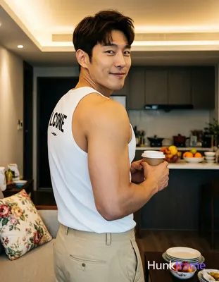 Asian man with light-medium skin and dark brown short hair styled with volume, clean-shaven face neu