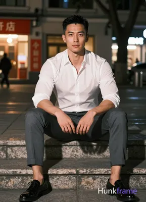 Photograph of exactly 1 adult man. Man 1: Asian, light-medium, oval with defined jawline, short blac