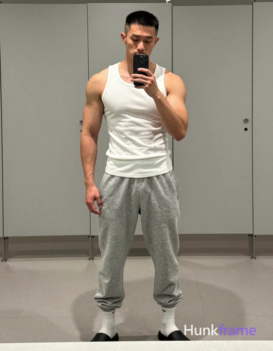 an anonymous figure man with short black buzz cut and light jawline stubble poses in a tasteful suggestive manner before a large gym mirror; He wears white ribbed sleeveless tank top revealing defined pectorals, vascular arms, and broad shoulders; grey heathered sweatpants highlight thick thighs above mid-calf socks and slide sandals; Right hand holds black smartphone vertically against chin while left arm rests by side with slight torso rotation; Soft overhead lighting creates sculpted shadows on skin in the tiled locker room background; High contrast minimalist composition emphasizing masculine anatomy within full_body_mirror_reflection, shot on iPhone 15 Pro main camera, authentic smartphone computational photography, natural Smart HDR and true-to-life skin texture, vertical 9:16 Xiaohongshu lifestyle feed, bright clean everyday scene, unretouched phone photo with subtle sensor grain, trendy Chinese internet 网红 aesthetic, candid influencer energy, phone held naturally in one hand for selfie, phone visible in frame; single clean uninterrupted photograph with a cohesive editorial composition and plain continuous surrounding surfaces