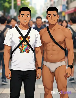 an anonymous figure men with stocky builds stand side-by-side in an outdoor urba