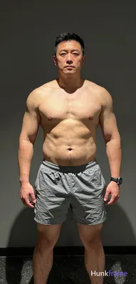 A confident adult man with a muscular build and thick thighs stands facing forwa