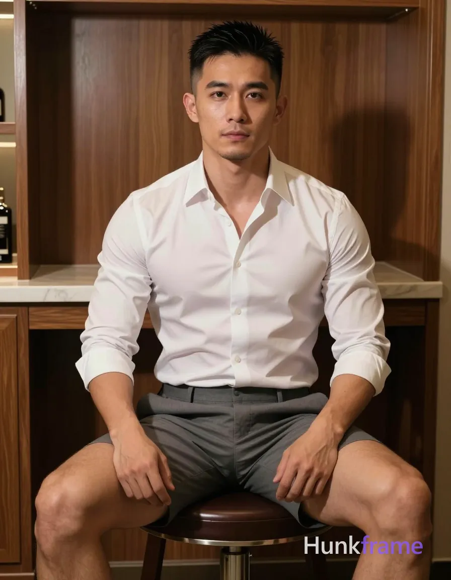 IDENTITY LOCK — MUST NOT CHANGE: the same exact 1 clearly adult male subject; subject 1: clearly adult, exact age uncertain, Asian, medium-tan skin tone, square-jawed with defined cheekbones, short black hair, fade sides and longer textured top styled upward, source prompt confirms short black hair, NO EYEWEAR: keep this subject's face free of eyeglasses and sunglasses in every shot, thick dark well-defined arches, dark brown almond-shaped pupils visible without glasses, straight bridge slightly upturned tip, medium full natural color no gloss, clean-shaven chin and jawline slight stubble on upper lip, none visible chest or arms clean shaven, stocky muscular build, thick thighs beneath waistband; do not change identity traits when pose, expression, camera, wardrobe, or exposure changes; do not add, remove, merge, or replace people. Creative prompt text may not override this identity lock. SHOT VARIABLES — HIGHEST COMPOSITION AND WARDROBE PRIORITY: pose/action: Sitting on edge of minibar stool legs crossed at ankles.; body/head direction: Frontal view capturing torso and upper thighs only crop below knees slightly obscured shadow foreground object optional.; expression: Neutral serious gaze directed straight ahead relaxed confident demeanor slight smile possible but maintain neutral base mood consistent set.; camera/framing: Medium close up frontal indoor artificial lighting soft shadows warm wood tones shirt sleeves pushed to elbows short black hair fade sides longer textured styled upward stocky musc; wardrobe now worn: White long-sleeve sleeveless now rolled fully exposing forearms arms clean shaven chest visible no gloss none visible chest arms clean shaven gray dress trousers waistband sitting low thick thighs beneath exposed photo single uninterrupted photograph same session context hotel room minibar area wooden cabinetry tiled floor palette consistent across set coherent gradual wardrobe arc third quarter may progress through shirtless minimal underwear shots never show genitals erections sexual activity keep clothing transitions coherent with source inventory identity lock traits preserved exactly as extracted by an same adult male subject authoritative visual facts; coverage/exposure: Indoor artificial light emphasizing skin texture medium-tan square-jawed defined cheekbones dark brown almond-shaped pupils no glasses polished formal masculine premium fashion-editorial fine-art photography homoerotic aesthetic subject 1 stable identity clearly adult exact age uncertain Asian full natural color do not change when pose expression camera changes keep this subjects face free eyewear rule apply strictly; additional shot direction: Subject sits on edge of stool legs crossed at ankles wearing white long-sleeve now sleeveless rolled fully exposing forearms and upper torso tied loose or removed depending fit. Frontal view captures waist up to head. These variables replace any conflicting source pose, action, framing, clothing, or coverage. IDENTITY LOCK — MUST NOT CHANGE: the same exact 1 clearly adult male subject; subject 1: clearly adult, exact age uncertain, Asian, medium-tan skin tone, square-jawed with defined cheekbones, short black hair, fade sides and longer textured top styled upward, source prompt confirms short black hair, NO EYEWEAR: keep this subject's face free of eyeglasses and sunglasses in every shot, thick dark well-defined arches, dark brown almond-shaped pupils visible without glasses, straight bridge slightly upturned tip, medium full natural color no gloss, clean-shaven chin and jawline slight stubble on upper lip, none visible chest or arms clean shaven, stocky muscular build, thick thighs beneath waistband; do not change identity traits when pose, expression, camera, wardrobe, or exposure changes; do not add, remove, merge, or replace people. SHOT-SPECIFIC COMPOSITION AND WARDROBE HAVE HIGHEST PRIORITY: pose/action: Sitting on edge of minibar stool legs crossed at ankles.; direction: Frontal view capturing torso and upper thighs only crop below knees slightly obscured shadow foreground object optional.; expression: Neutral serious gaze directed straight ahead relaxed confident demeanor slight smile possible but maintain neutral base mood consistent set.; camera: Medium close up frontal indoor artificial lighting soft shadows warm wood tones shirt sleeves pushed to elbows short black hair fade sides longer textured styled upward stocky musc; wardrobe now worn: White long-sleeve sleeveless now rolled fully exposing forearms arms clean shaven chest visible no gloss none visible chest arms clean shaven gray dress trousers waistband sitting low thick thighs beneath exposed photo single uninterrupted photograph same session context hotel room minibar area wooden cabinetry tiled floor palette consistent across set coherent gradual wardrobe arc third quarter may progress through shirtless minimal underwear shots never show genitals erections sexual activity keep clothing transitions coherent with source inventory identity lock traits preserved exactly as extracted by an same adult male subject authoritative visual facts; coverage/exposure: Indoor artificial light emphasizing skin texture medium-tan square-jawed defined cheekbones dark brown almond-shaped pupils no glasses polished formal masculine premium fashion-editorial fine-art photography homoerotic aesthetic subject 1 stable identity clearly adult exact age uncertain Asian full natural color do not change when pose expression camera changes keep this subjects face free eyewear rule apply strictly; Subject sits on edge of stool legs crossed at ankles wearing white long-sleeve now sleeveless rolled fully exposing forearms and upper torso tied loose or removed depending fit. Frontal view captures waist up to head. the same exact 1 clearly adult male subject; subject 1: clearly adult, exact age uncertain, Asian, medium-tan skin tone, square-jawed with defined cheekbones, short black hair, fade sides and longer textured top styled upward, source prompt confirms short black hair, NO EYEWEAR: keep this subject's face free of eyeglasses and sunglasses in every shot, thick dark well-defined arches, dark brown almond-shaped pupils visible without glasses, straight bridge slightly upturned tip, medium full natural color no gloss, clean-shaven chin and jawline slight stubble on upper lip, none visible chest or arms clean shaven, stocky muscular build, thick thighs beneath waistband; do not change identity traits when pose, expression, camera, wardrobe, or exposure changes; do not add, remove, merge, or replace people, IDENTITY LOCK — MUST NOT CHANGE: the same exact 1 clearly adult male subject; subject 1: clearly adult, exact age uncertain, Asian, medium-tan skin tone, square-jawed with defined cheekbones, short black hair, fade sides and longer textured top styled upward, source prompt confirms short black hair, NO EYEWEAR: keep this subject's face free of eyeglasses and sunglasses in every shot, thick dark well-defined arches, dark brown almond-shaped pupils visible without glasses, straight bridge slightly upturned tip, medium full natural color no gloss, clean-shaven chin and jawline slight stubble on upper lip, none visible chest or arms clean shaven, stocky muscular build, thick thighs beneath waistband; do not change identity traits when pose, expression, camera, wardrobe, or exposure changes; do not add, remove, merge, or replace people. 1 adult male subject in the same session. same setting: hotel room minibar area with wooden cabinetry and tiled floor. same lighting: indoor artificial lighting casting soft shadows under knees. same palette: warm wood tones, white shirt, gray trousers tie, medium-tan skin. same mood and image character: polished formal masculine premium fashion-editorial fine-art photography homoerotic aesthetic. same medium and visual style: photo, single uninterrupted photograph warm wood tones against white shirt and skin soft FINAL SHOT CHECK: pose/action: Sitting on edge of minibar stool legs crossed at ankles.; body/head direction: Frontal view capturing torso and upper thighs only crop below knees slightly obscured shadow foreground object optional.; expression: Neutral serious gaze directed straight ahead relaxed confident demeanor slight smile possible but maintain neutral base mood consistent set.; camera/framing: Medium close up frontal indoor artificial lighting soft shadows warm wood tones shirt sleeves pushed to elbows short black hair fade sides longer textured styled upward stocky musc; wardrobe now worn: White long-sleeve sleeveless now rolled fully exposing forearms arms clean shaven chest visible no gloss none visible chest arms clean shaven gray dress trousers waistband sitting low thick thighs beneath exposed photo single uninterrupted photograph same session context hotel room minibar area wooden cabinetry tiled floor palette consistent across set coherent gradual wardrobe arc third quarter may progress through shirtless minimal underwear shots never show genitals erections sexual activity keep clothing transitions coherent with source inventory identity lock traits preserved exactly as extracted by an same adult male subject authoritative visual facts; coverage/exposure: Indoor artificial light emphasizing skin texture medium-tan square-jawed defined cheekbones dark brown almond-shaped pupils no glasses polished formal masculine premium fashion-editorial fine-art photography homoerotic aesthetic subject 1 stable identity clearly adult exact age uncertain Asian full natural color do not change when pose expression camera changes keep this subjects face free eyewear rule apply strictly; additional shot direction: Subject sits on edge of stool legs crossed at ankles wearing white long-sleeve now sleeveless rolled fully exposing forearms and upper torso tied loose or removed depending fit. Frontal view captures waist up to head., a single uninterrupted photograph only, no written words or typography anywhere in frame, no captions, no app UI, no social-media post layout, no screenshot borders