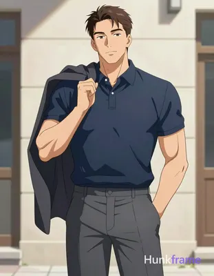 Polished anime 2.5D render of an adult white man with light-medium skin and brown short hair styled 
