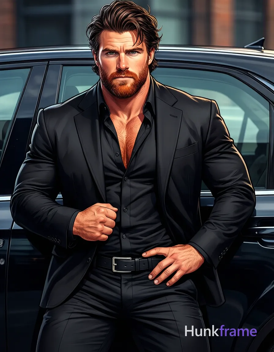 A polished anime-style illustration of a 30-year-old Caucasian man with medium-tan skin and dark brown textured hair swept back from his forehead. He sports a well-groomed short beard and mustache, staring seriously at the viewer while standing waist-up in front of a black car door. His left hand rests on his hip and right arm bends with a fist near his waist. Dressed in an unbuttoned black suit jacket revealing his chest, open-collared shirt, black trousers, and silver-buckle belt, he displays broad shoulders and thick thighs under high-contrast lighting., same aesthetic theme and photo feel as the reference but a different man in a different pose with distinct body proportions, Irish man, pale with red undertone skin, copper stubble, lean rugby build, a single uninterrupted photograph only, no written words or typography anywhere in frame, no captions, no app UI, no social-media post layout, no screenshot borders