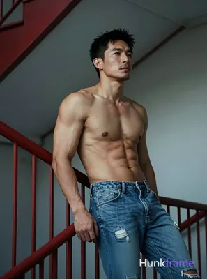 An Asian man with short black hair and light stubble leans back against a red me