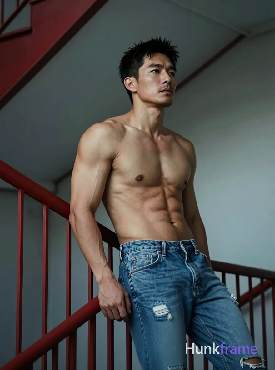 An Asian man with short black hair and light stubble leans back against a red metal railing in an urban stairwell. He is shirtless, displaying broad shoulders, defined pectorals, six-pack abs, visible arm veins, and tanned skin wearing blue ripped denim jeans. His left hand rests on the rail while his right hangs loosely by his side; legs are slightly apart mid-thigh up. Soft directional light from the right illuminates cool blues and muted greys against deep reds. High-contrast editorial photography with shallow depth of field, cinematic color grading, confident intimate mood