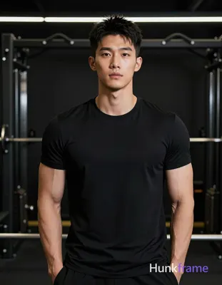 Asian man with medium-light skin, short textured dark black crop cut close on si