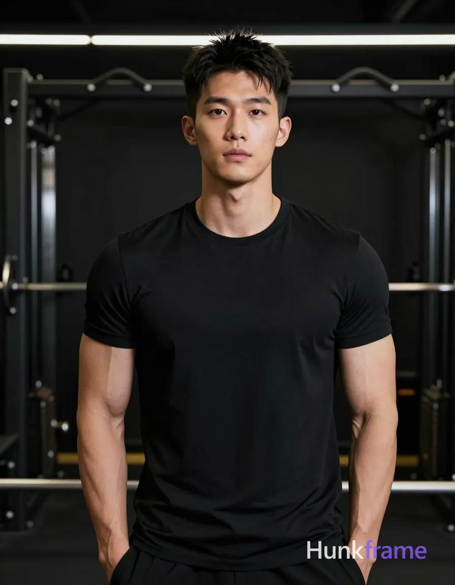 Asian man with medium-light skin, short textured dark black crop cut close on sides and longer top, clean-shaven face; Standing upright facing forward hands behind back slight lean torso left wearing black short-sleeve crew-neck t-shirt fully clothed adult broad shoulders defined pectorals toned biceps indoor gym environment black walls weight machines racks overhead linear lighting soft shadows shallow depth of field chest-up portrait centered head and shoulders fill vertical frame premium fashion editorial dramatic sculpted homoerotic aesthetic, same aesthetic theme and photo feel as the reference but a different man in a different pose with distinct body proportions, lean Korean man, sharp jaw, monolid eyes, slim swimmer build, natural black hair; single clean uninterrupted photograph with a cohesive editorial composition and plain continuous surrounding surfaces