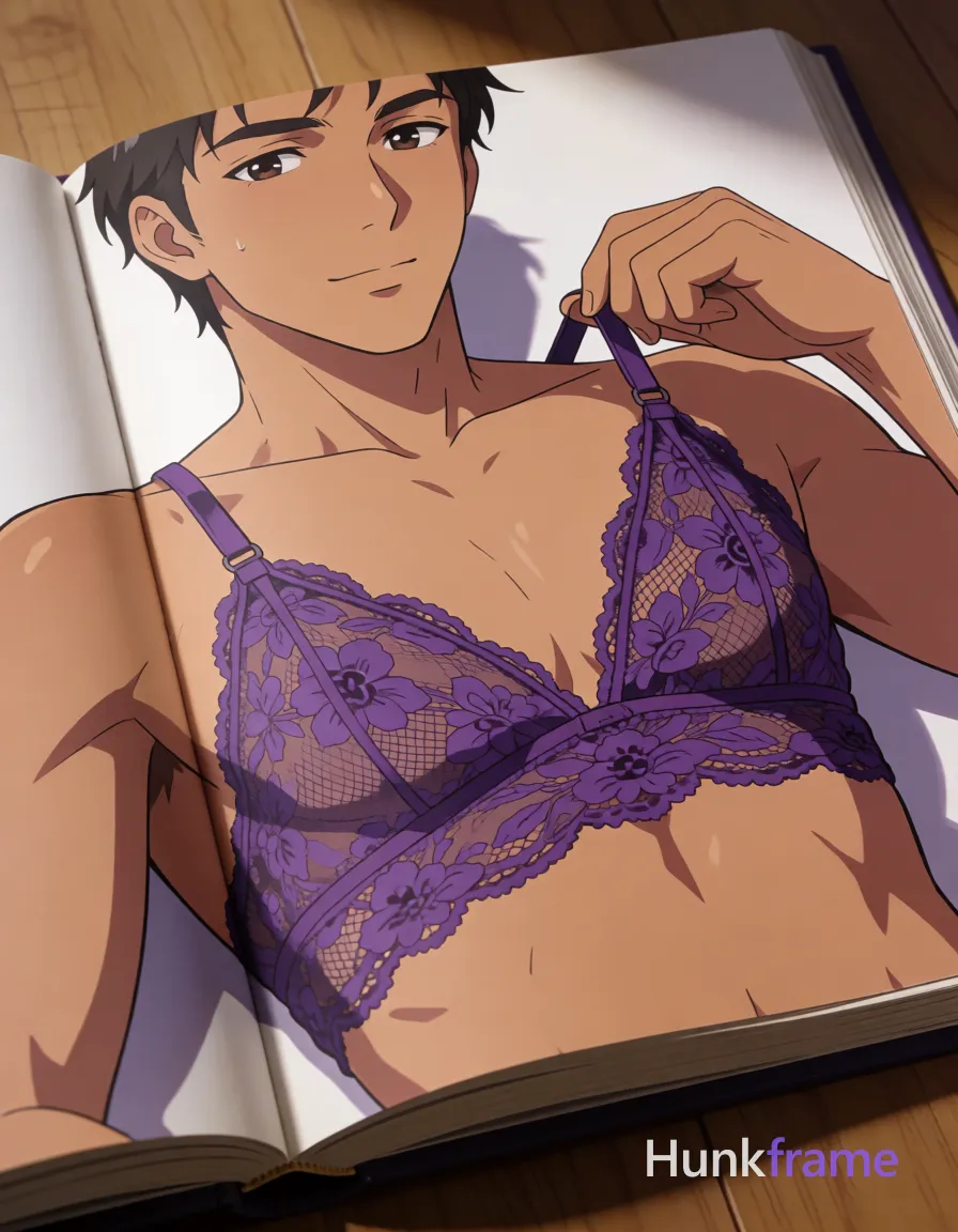 Polished anime style rendering of an adult man with light to medium skin reclining across an open hardcover book, torso angled; He wears a semi-sheer purple floral lace bralette covering chest and hips while remaining shirtless on the upper body; His right hand adjusts the garment strap near his collarbone with thumb and forefinger pulling upward; Thick thighs are visible in frame; Soft directional light from above-left casts subtle shadows on skin and lace texture against wooden floor background; Close-up crop centered across book spread showing upper chest to hip area, same aesthetic theme and photo feel as the reference but a different man in a different pose with distinct body proportions, Thai man, smooth tan skin, gentle eyes, slim toned Muay Thai physique; single clean uninterrupted artwork with a cohesive composition and plain continuous surrounding surfaces