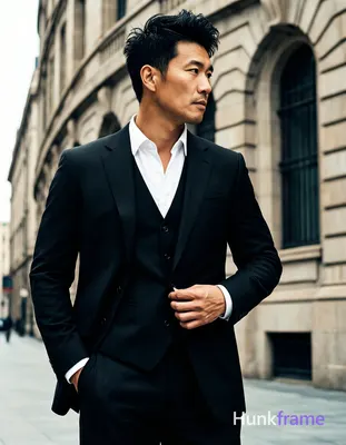 Asian man with short textured black hair styled upward and back, clean-shaven face, neutral composed