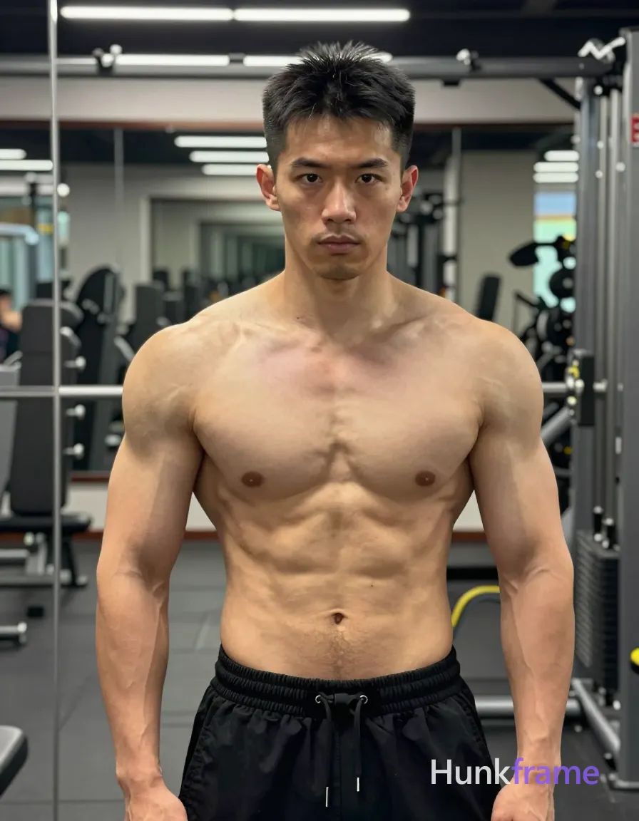 Photograph of exactly 1 adult man. Man 1: Asian, light-medium, square-jawed with defined cheekbones, black, short textured crop top length at crown tapering to nape, slightly spiky front, clean-shaven chin and jawline, minimal stubble on upper lip if any. Man 1 has fully exposed eyes, eyebrows, temples and nose bridge. Broad shoulders, defined deltoids with thick quadriceps. Right hand lifts black drawstring shorts waistband mid-thigh. Shirtless chest showing six-pack abs in loose athletic shorts. Full-length vertical mirror selfie obscuring face partially. Indoor gym environment reflecting weight racks, equipment. Overhead fluorescent light highlighting abdominal definition clearly. Naturalistic smartphone fitness documentation with neutral palette