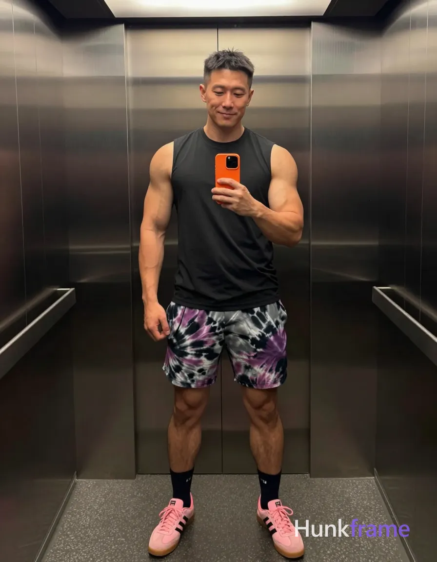 Asian man with medium-dark skin and short black straight hair stands in a full-body vertical mirror selfie within an elevator; He wears a black sleeveless tank top covering his torso completely, patterned tie-dye shorts in grey/purple/black, dark socks pulled up mid-calf on both legs, and pink Adidas sneakers with gum soles; His broad shoulders, defined pectorals, toned arms, and thick thighs possess rugged bear energy under overhead recessed lighting casting soft shadows against the reflective mirrored ceiling and back wall; He holds an orange smartphone at chest level in his left hand while his right arm relaxes by his side, capturing a neutral to slight smile with minimal body hair under warm confident mood; single clean uninterrupted photograph with a cohesive editorial composition and plain continuous surrounding surfaces