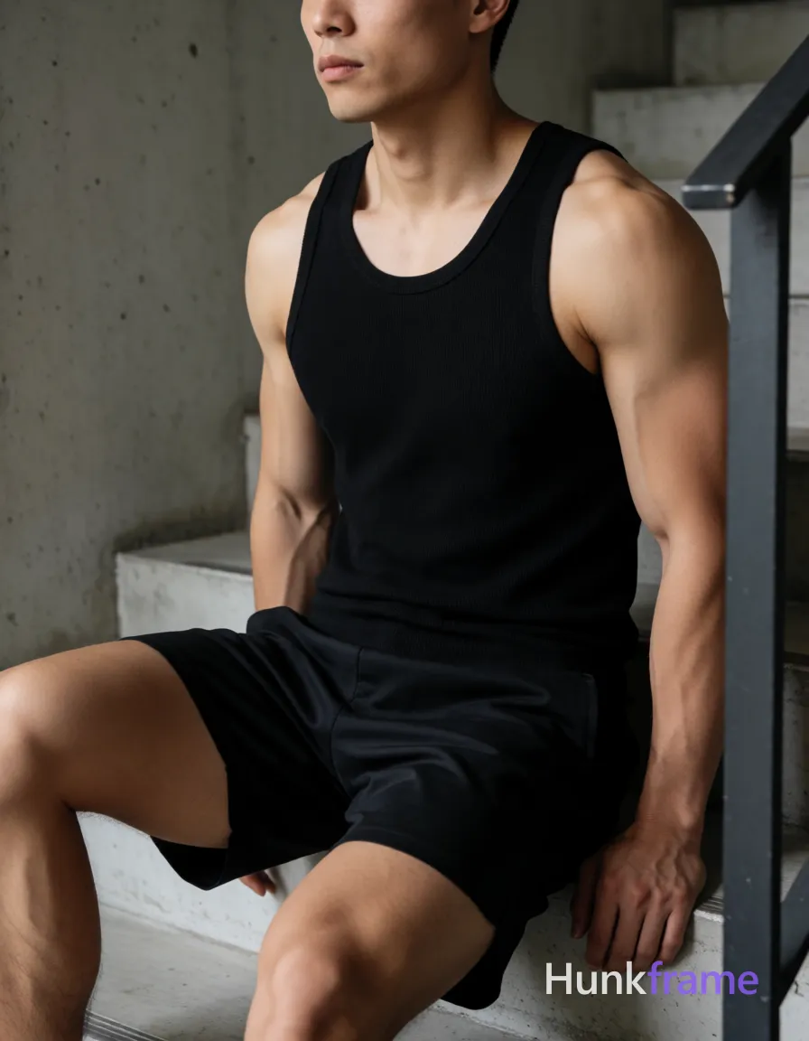 Vertical mid-shot wall art graphic of a very muscular adult man seated on concrete stairs, torso upright leaning slightly forward against dark metal railing; He wears a black ribbed tank top covering chest and abdomen with black athletic shorts ending mid-thigh exposing thick thighs and calves covered in dense leg hair; Left leg bent with foot flat on step below, right leg extended downward; Soft directional light from left side highlights sculpted quadriceps and glutes against concrete gray background; Clean composition with negative space, fine-art photography aesthetic, bold high-contrast color blocking style, same aesthetic theme and photo feel as the reference but a different man in a different pose with distinct body proportions, Chinese man, light tan skin, high cheekbones, lean wiry martial-arts physique; single clean uninterrupted photograph with a cohesive editorial composition and plain continuous surrounding surfaces