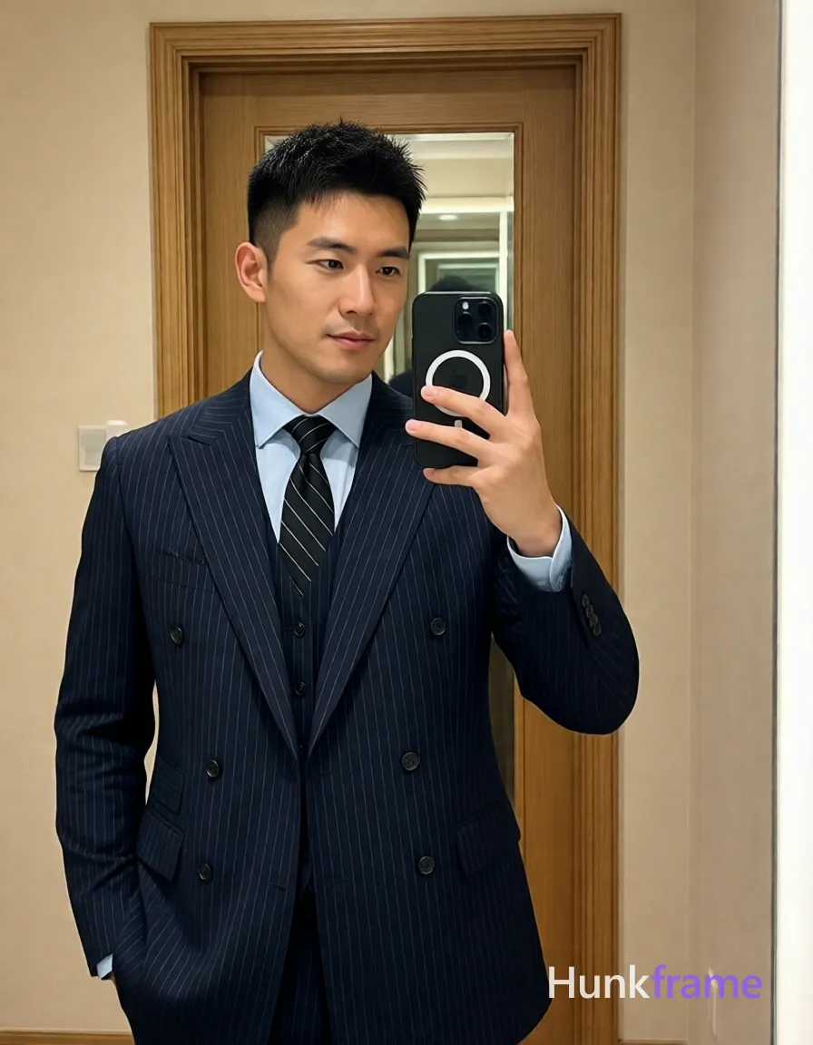 Asian man with short textured dark crop hair and clean-shaven face stands upright in a mirror reflection, holding black MagSafe smartphone to capture selfie; He wears a dark navy pinstripe double-breasted suit jacket over matching vest and light blue dress shirt collar with black striped tie knotted neatly at neck; Slim build physique visible from mid-thigh up; Indoor room setting with beige walls and wooden door frame behind him under soft ambient lighting reflecting in upper doorway glass panel; Polished, confident mood captured on 832x1216 canvas, shot on iPhone 15 Pro main camera, authentic smartphone computational photography, natural Smart HDR, vertical 9:16 Xiaohongshu lifestyle post, bright clean gym or cafe scene, wardrobe matching reference outfit, confident everyday blogger pose, phone photo with natural grain, phone held naturally in one hand for selfie, phone visible in frame; single clean uninterrupted photograph with a cohesive editorial composition and plain continuous surrounding surfaces