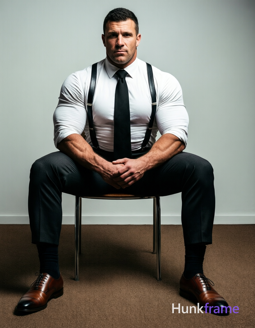 A muscular adult man with light-medium skin and short black hair sits on a metal-framed chair, legs 