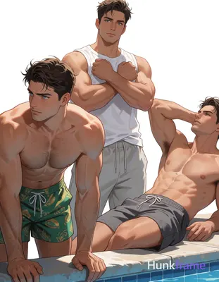Three adult Caucasian men in polished anime 2.5D next-gen game art style by a pool; Foreground man s