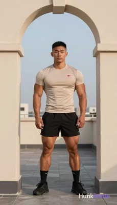 Asian man with light to medium tan skin and short black straight hair, clean-shaven head and face; H