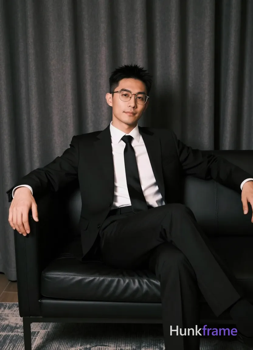 an anonymous figure man in his 30s with light to medium skin, short black straight hair and neat side parting; He wears metal-framed glasses with thin rectangular frames, clear lenses on face; clean-shaven face, calm composed expression with slight smile; Seated relaxed on black leather sofa legs crossed at knee left arm resting along back of couch right hand partially out of frame near thigh; Wearing single-breasted black suit jacket white collared dress shirt buttoned to neck solid black tie knot centered at collar fully clothed lean build torso covered candid iPhone rear-camera snapshot energy real lifestyle scene trendy influencer vibe vertical social-feed look fresh believable pose distinct setting redesign dark gray draped curtains background textured gray rug low-key dramatic lighting soft directional key light from front-left subtle rim backlight creating separation against curtain backdrop shallow depth of field keeping subject sharp while background softly diffused high contrast muted tonal range sophisticated confident minimalist formal elegance fine-art photography vertical portrait 13:19 aspect ratio The adult man; single clean uninterrupted photograph with a cohesive editorial composition and plain continuous surrounding surfaces