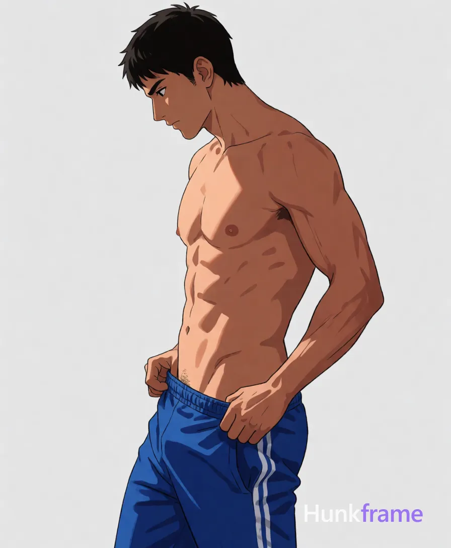 Polished anime style illustration of a Hispanic man with tanned skin and short dark hair in profile facing left; He is shirtless pulling up blue athletic track pants to mid-thigh, exposing defined pectorals and six-pack abs against a plain light gray background; Dramatic directional lighting from front-left creates high contrast shadows on his right side; single clean uninterrupted artwork with a cohesive composition and plain continuous surrounding surfaces
