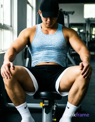 Asian man with light-medium skin seated on gym leg press in vertical portrait, legs spread wide V-sh