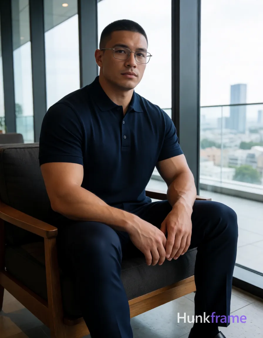 Heavily muscular adult man with substantial muscle mass, wide shoulders, thick neck, large chest and arms, powerful thighs, and dense bodybuilding proportions; an anonymous figure man with light-medium skin and a short black buzz cut, wearing rectangular wire-frame glasses with thin metallic rims; He sits on a wooden-framed sofa in modern indoor lounge setting overlooking urban skyline through large glass windows; Dressed in dark navy blue buttoned polo shirt and matching slim-fit trousers; Broad shoulders defined biceps forearms visible under clean lines minimalist composition; Natural daylight from window source creating soft shadows on face torso supplementing ambient interior lighting; Full-body shot head to shoes framed vertically slight left bias center-left foreground calm composed sophisticated mood fine-art photography dramatic yet natural lighting premium fashion-editorial aesthetic tailored navy polo athletic gym photography defined anatomy confident strength; The adult man visibly wears rectangular wire-frame glasses with thin metallic rims and clear lenses; worn on face covering both eyes on his face; preserve the exact frame shape, rim style, color; single clean uninterrupted photograph with a cohesive editorial composition and plain continuous surrounding surfaces
