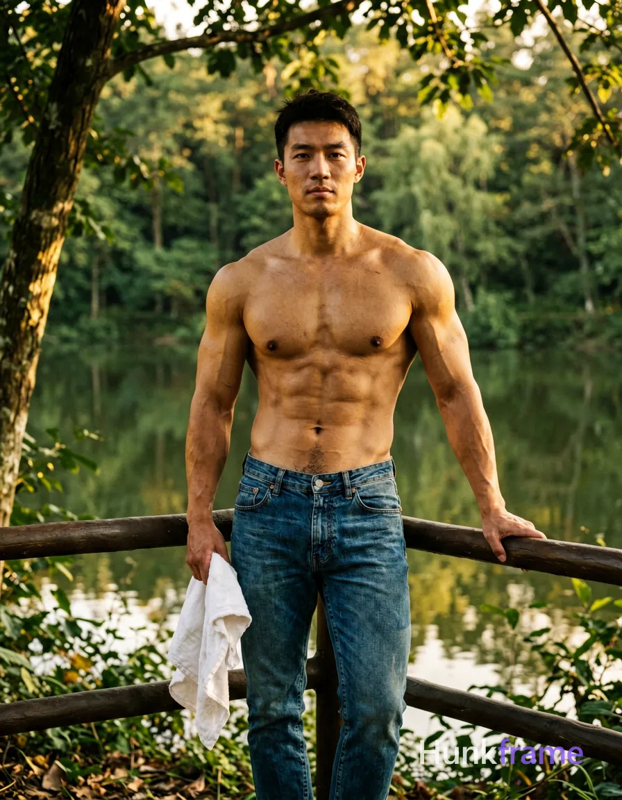 A muscular male subject standing outdoors in a natural setting with trees and water visible in the background. The subject's torso is slightly angled towards the camera, holding a white cloth in one hand while resting his other on a railing. He wears blue jeans pulled down to reveal his lower abdomen but no socks or footwear are visible. The image has a soft focus quality around background elements like trees and water, adding depth with natural sunlight filtering through leaves above. Earthy tones from the greenery and blue hues from the jeans create a harmonious aesthetic. The mood is one of strength and masculinity, enhanced by his confident posture