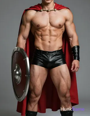 Photoreal photograph of a handsome masculine man standing with one hand on a shi