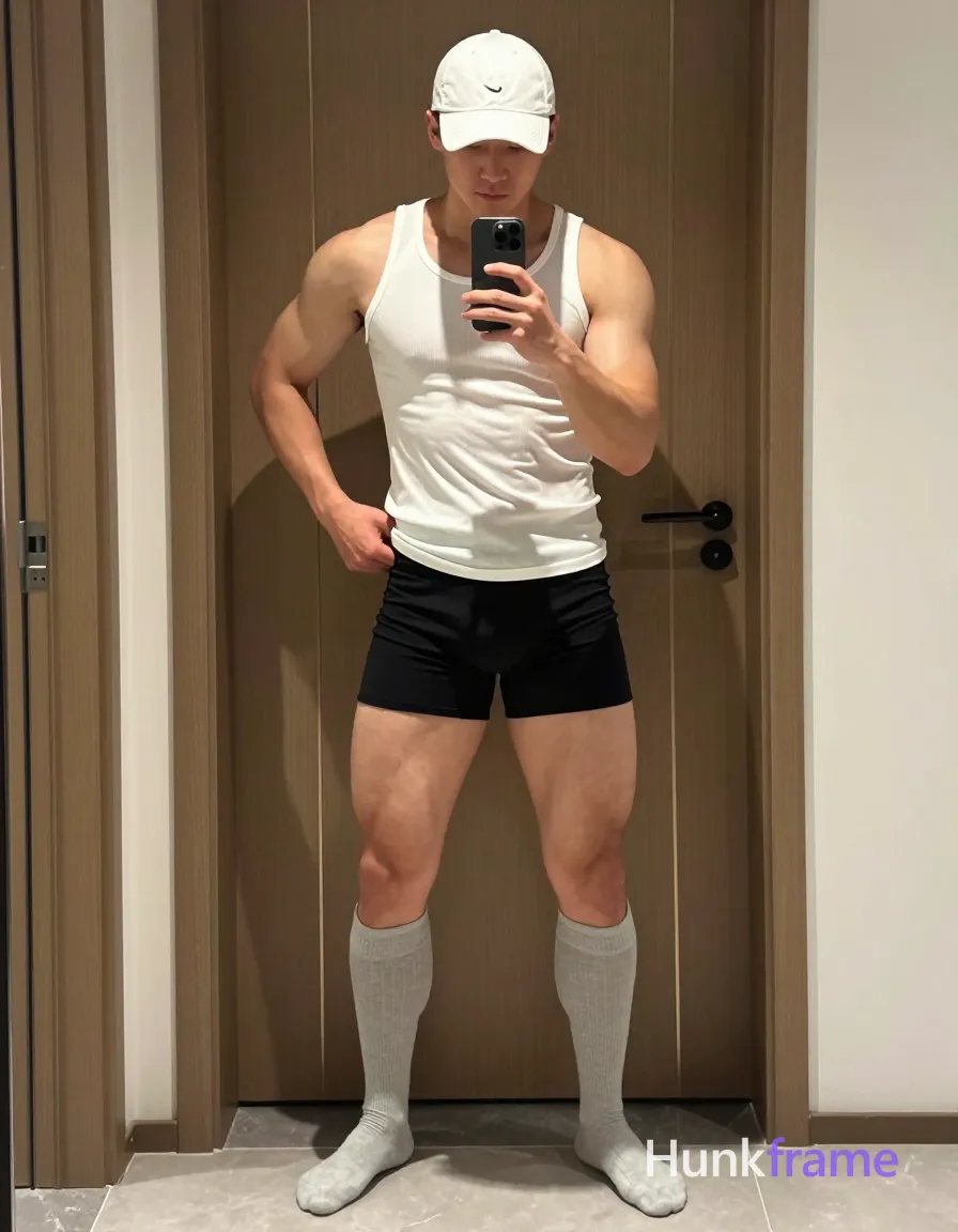 An adult masculine man with short dark hair under a white cap stands in a wide stance against an indoor wooden door. He wears a white ribbed tank top covering his torso completely, black tight-fitting shorts ending mid-thigh revealing thick quadriceps and calves, grey knee-high socks worn barefoot. His left hand holds the waistband behind his back while his right hand holds a smartphone at chest level taking a mirror selfie with a neutral focused expression looking down. Soft natural indoor ambient light casts slight shadows against the door in this full-body vertical shot., a single uninterrupted photograph only, no written words or typography anywhere in frame, no captions, no app UI, no social-media post layout, no screenshot borders