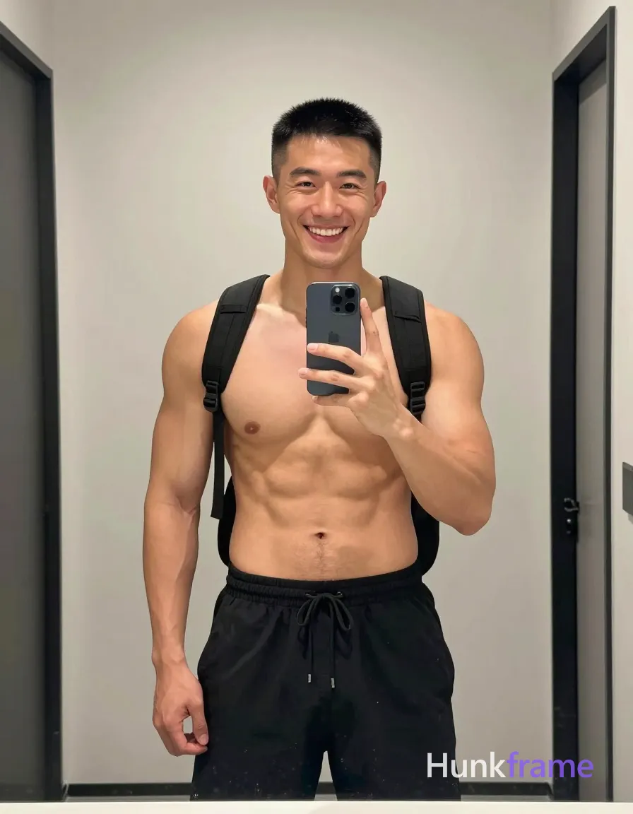 Bold flat-color wall art graphic of an Asian man with short buzz cut and clean-shaven face smiling broadly, shirtless athletic build with defined pectorals and six-pack abs standing in a modern room; He holds a dark triple-lens smartphone to capture his reflection in a large mirror while left arm rests at side; Black drawstring shorts sit mid-thigh with backpack straps over bare shoulders; High-contrast color blocking defines light-medium tan skin against neutral-toned walls; single clean uninterrupted photograph with a cohesive editorial composition and plain continuous surrounding surfaces