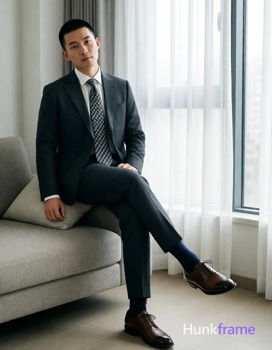an anonymous figure man with short black buzz cut and clean-shaven face stands casually in a modern living room, right leg crossed over left knee at mid-thigh while leaning back against the couch cushion; He wears a dark charcoal single-breasted suit jacket, matching trousers with sharp creases, white dress shirt collar visible above a geometric gray/black/white tie knot, dark navy crew-neck socks to mid-calf, and brown polished lace-up oxford shoes showing toe reflections; Head tilts subtly left with neutral composed demeanor; Large window with sheer white curtains behind his shoulder allows diffused natural light filtering through drapes creating gentle highlights on face and suit fabric; Candid lifestyle scene resembling a Xiaohongshu influencer feed composition; Clean lines, minimalist composition, high-key exposure with controlled contrast; Vertical portrait orientation capturing head through mid-calves centered horizontally; single clean uninterrupted photograph with a cohesive editorial composition and plain continuous surrounding surfaces