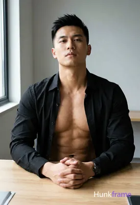 Asian man with short black styled upward hair and clean-shaven face, seated at a light wood desk in 